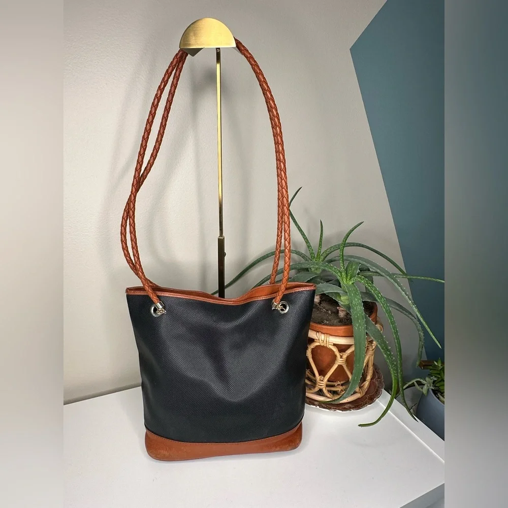 Vintage Bottega Veneta Bucket Bag Black Canvas Cognac Leather Braid Italy Made - Picture 1 of 12